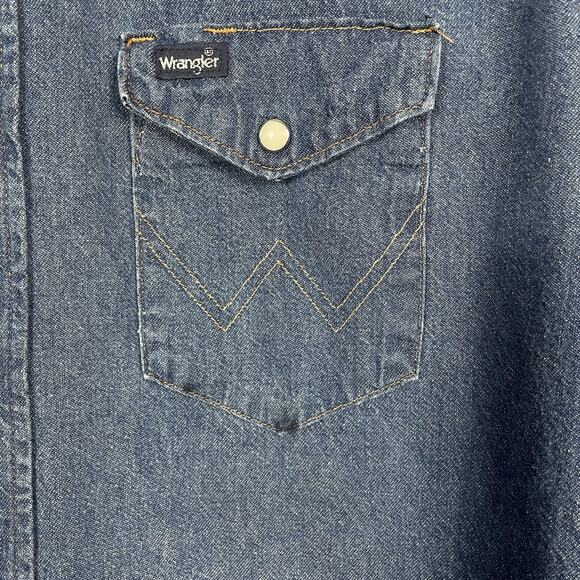 Vtg Wrangler 80s Pearl Snap Western Denim Shirt Men 17.5 X 34 X-Long Tails USA - Picture 7 of 13